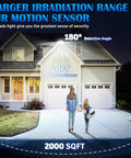 House exterior with No Brainer Solar Motion Sensor Flood Lights Outdoor 6 Heads illuminating driveway, highlighting PIR motion sensor
