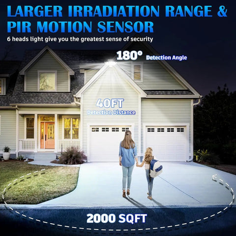 House exterior with No Brainer Solar Motion Sensor Flood Lights Outdoor 6 Heads illuminating driveway, highlighting PIR motion sensor