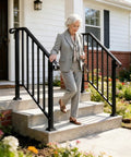 Hella Secure 2 Pack Outdoor Stair Handrails For 2 To 3 Steps Rock Solid Galvanized Metal Porch Railing supporting a woman on stairs.