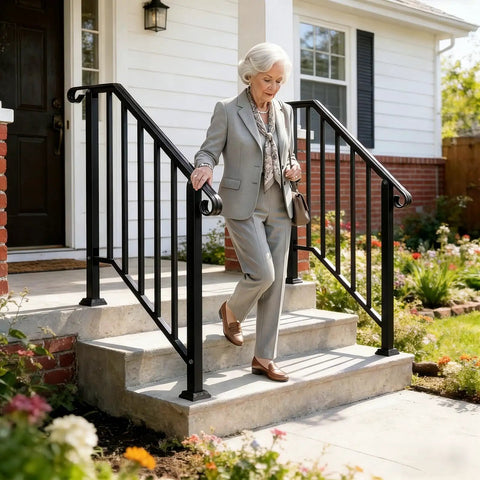 Hella Secure 2 Pack Outdoor Stair Handrails For 2 To 3 Steps Rock Solid Galvanized Metal Porch Railing supporting a woman on stairs.