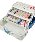 Ready Set Fish 3 Tray Tackle Box With Starter Tackle Kit Cantilever Tray Opens To Show 22 To 34 Compartments Brass Latch Aqua Blue Lid Tan Base