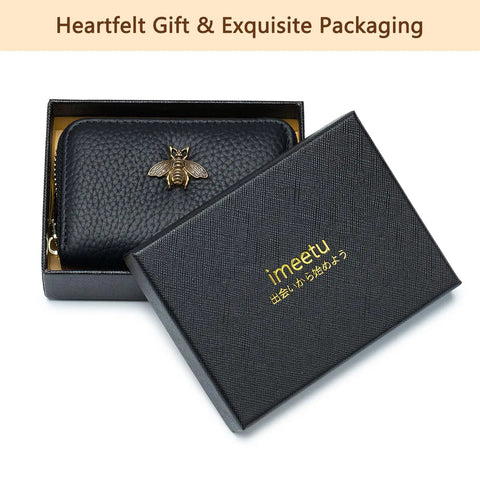 RFID Blocking Leather Card Holder For Women Tiny Zipper Wallet With Bee Accent in black box packaging