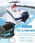 12V Outboard Tilt Trim Motor For All Models 135HP To 225HP Replacement with boat background and product details