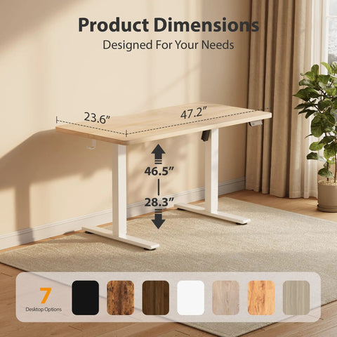 Electric Height Adjustable Standing Desk 48x24 Inches With White Frame And Maple Top in a room, height range 28.3-46.5 inches