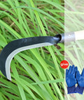 Versatile Manganese Steel Billhook Sickle Machete for gardening and weeding shown cutting through grass with blue gloves