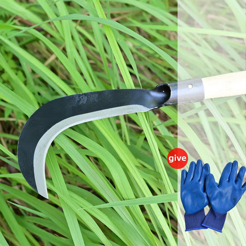 Versatile Manganese Steel Billhook Sickle Machete for gardening and weeding shown cutting through grass with blue gloves