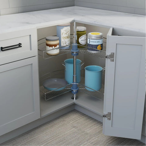 Base Corner Cabinet Lazy Susan Organizer Kidney Shaped 28 Inch Diameter 270 Degree Turntable With 2 Shelves Chrome Finish
