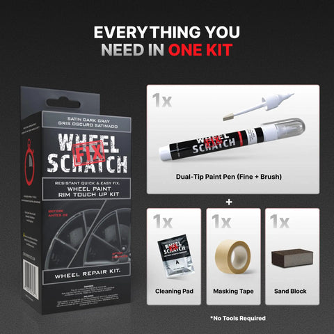 Top Shelf Matte Gray Rim Touch Up Paint For Alloy Wheels And Metal Rims Diy Wheel Scratch Fix Kit To Banish Curb Rash With Easy Dual Tip Applicator Pen in kit layout.