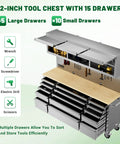 Front view of 72 Inch Heavy Duty Tool Chest And Rolling Workbench With 15 Drawers, wheels, three upper cabinets, and pegboard.