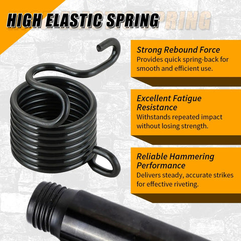 High elastic spring with strong rebound and fatigue resistance in Heavy Duty Air Rivet Hammer Tools Kit 7 Piece Set With 6 Beefy Rivet Hammer Bits And Spring Pneumatic Riveting Chisel Kit For Solid Half Hollow And Hollow Rivets Compatible With Most Air Hammers Ideal For Metalworking And Automotive Projects.