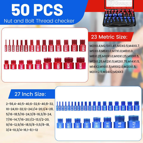 Detachable Thread Checker Kit For SAE And Metric Bolts Nuts And Screws 50 Piece Gauge Set With 27 SAE And 23 Metric Sizes