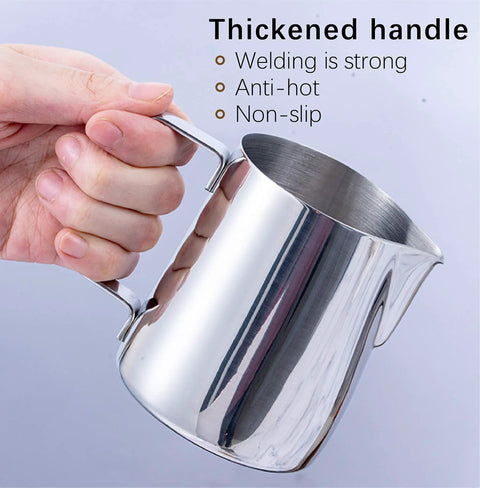 Go-To Milk Frothing Pitcher Jug For Espresso And Latte Art Foam Making, Pro Grade 304 Stainless Steel, held by hand