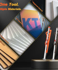 SakerPlus foldable drywall cutter, front view with orange and gray handles, dual-scale, includes 10 blades.