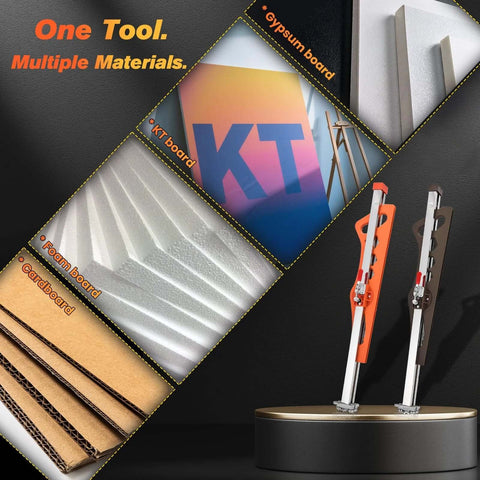 SakerPlus foldable drywall cutter, front view with orange and gray handles, dual-scale, includes 10 blades.