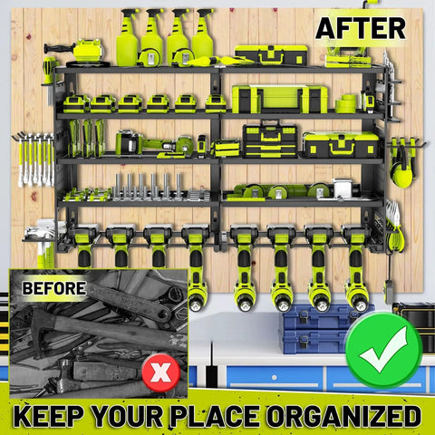Heavy Duty Five Layer Power Tool Organizer Wall Mount With Eight Drill Holders And Cordless Tool Hanger Storage Rack For Workshop Garage Shed Pegboard Black Finish