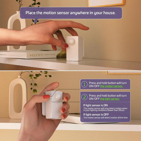 Plug And Play Wireless Motion Sensor Outlet with Light Sensor shown on shelf and close up of operation buttons