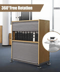 Easy Peasy Peel And Stick Caster Wheels For Trash Cans And Storage Bins With Smooth As Butter Rolling Action And Lightning Fast Setup No Messy Drilling Needed Lightweight One Point Five Inch Swivel Casters In A Solid Four Pack on a cabinet demonstrating 360-degree rotation.