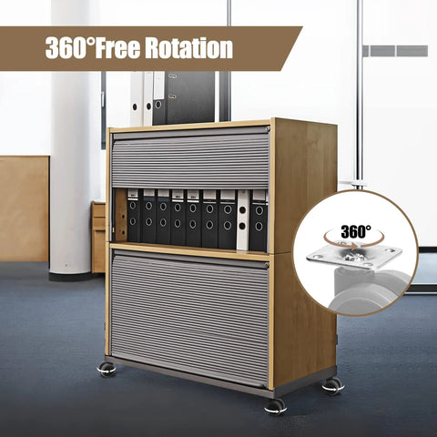 Easy Peasy Peel And Stick Caster Wheels For Trash Cans And Storage Bins With Smooth As Butter Rolling Action And Lightning Fast Setup No Messy Drilling Needed Lightweight One Point Five Inch Swivel Casters In A Solid Four Pack on a cabinet demonstrating 360-degree rotation.