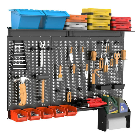 4ft Wide Metal Pegboard Wall Organizer Kit With Accessories For Garage, Wall Mount Tool Storage System, shelves, bins, black steel