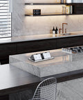 Kitchen counter with Dual Pop Up Floor Box Kit With 20A Tamper Resistant Duplex Outlet And 3 Port RJ45 Datacom in brushed nickel.