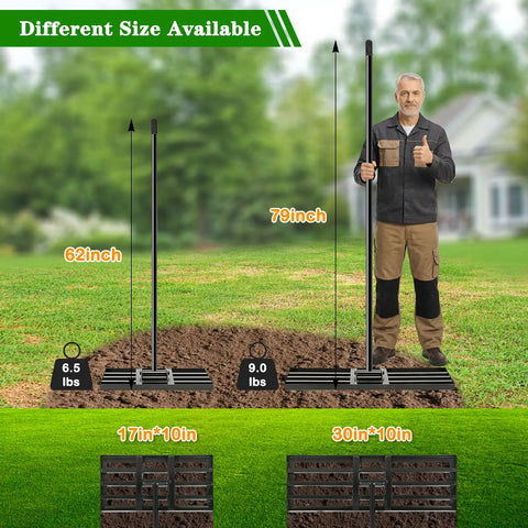 Man using Beefy Heavy Duty Lawn Leveling Rake 17 By 10 Inch Stainless Steel Landscape Rake for soil leveling