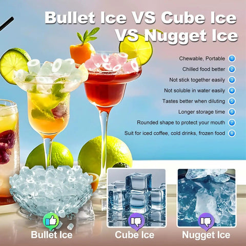 Bullet Ice VS Cube Ice VS Nugget Ice comparison, showcasing different ice types in drinks for The Real Deal Countertop Ice Maker Machine Featuring Zero Effort Self Cleaning Routine And Smart Ice Size Settings That Rapidly Whips Up Nine Crisp Cubes In Six Minutes To Keep Your Friday Nights Chilling.