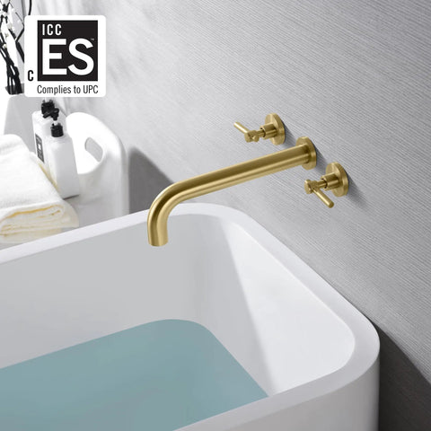 Wall Mounted Tub Filler Faucet In Brushed Gold With Solid Brass Construction And Brass Rough In Valve Set For Modern Bathrooms