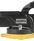 Heavy Duty 6 Inch Swivel Base Bench Vise with yellow base and polished anvil, ideal for workshop tasks and repairs.