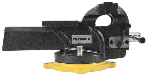 Heavy Duty 6 Inch Swivel Base Bench Vise with yellow base and polished anvil, ideal for workshop tasks and repairs.