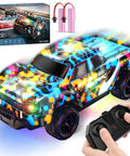 Colorful Remote Control Pickup RC Car 1 To 24 Scale With Light Up LED Effects and 2.4 GHz controller shown in action for kids