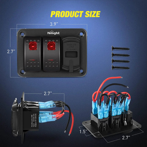 2 Gang Rocker Switch Panel With Red Backlight, 4.8 Amp Dual USB Charger, Voltmeter, Waterproof 12V 24V DC product dimensions