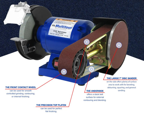 Heavy Duty 1 HP Workhorse Industrial Belt And Bench Grinder Combo Featuring Multitool Attachment with 2x36 inch belt and 7 inch disc sander.