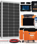 12V 200W Solar Panel Kit With Battery And Inverter For RV Off Grid No Hassle Setup Includes 2x100W Panels 2x100Ah Lithium Batteries With State Of Charge Display 1100W Inverter And 20A MPPT Controller With Bluetooth, shown with components and a phone app.