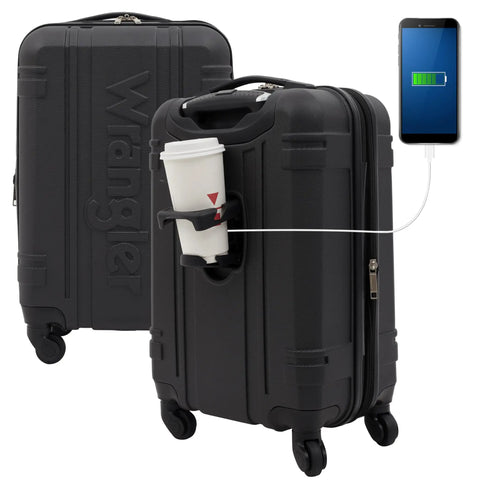 20 Inch Astral Hardside Carry On Luggage With Built In 3 In 1 Cup Holder, Phone Holder And USB Port, Black, Your Travel Sidekick For Easy On The Go Charging And Smooth Maneuverability