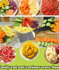 FANTEXY crinkle cutter with black handle and stainless steel wave blade, shown with assorted sliced vegetables.