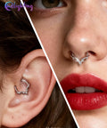 Close-up of V Shaped 16G Septum Ring Clicker in 316L Stainless Steel with Wing Blade Piercing Jewelry in nose and ear
