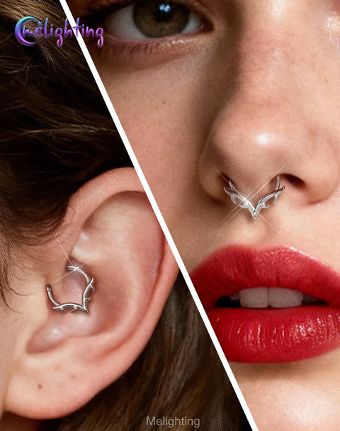 Close-up of V Shaped 16G Septum Ring Clicker in 316L Stainless Steel with Wing Blade Piercing Jewelry in nose and ear