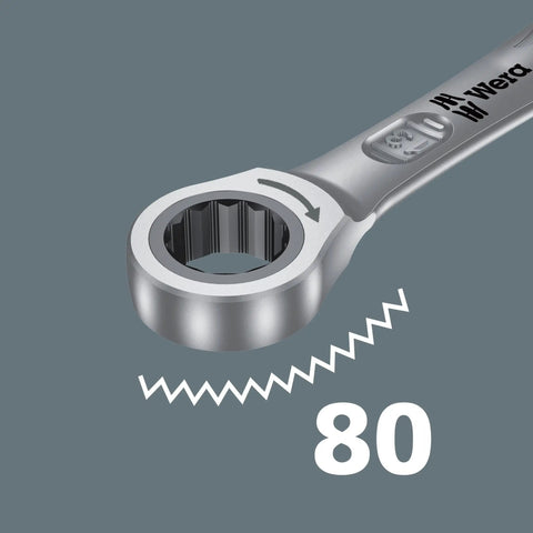 Close-up of Joker Ratcheting Combination Set 6 Piece With Ultra Fine 80 Tooth Ring Ratchet highlighting ratchet mechanism.