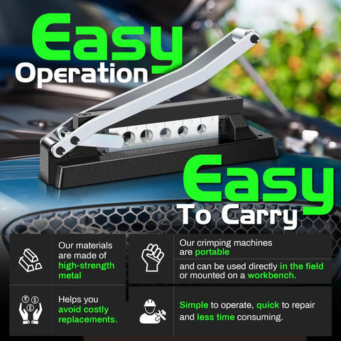 Heavy Duty Hose Crimper And Crimping Tool With Ferrules Pack Of 50 on a car hood, showing ease of use and portability