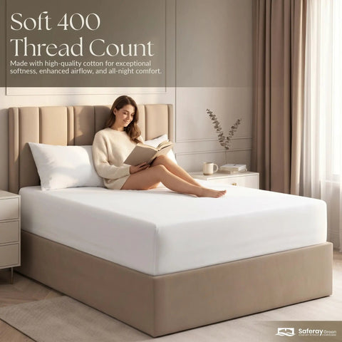 Buttery Soft Organic Cotton Queen Fitted Sheet Featuring 12 Inch Deep Pockets That Snug Up To Any Mattress For Next Level Cozy Vibes And Seriously Comfy Sleep All Week Long on a bed with a woman reading.
