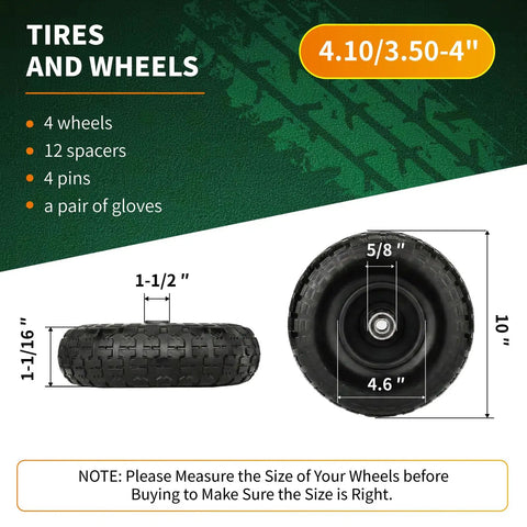 10 Inch Solid Heavy Duty Rubber Dolly Tire Wheels With 5 By 8 Inch Axle dimensions and specifications shown on chart