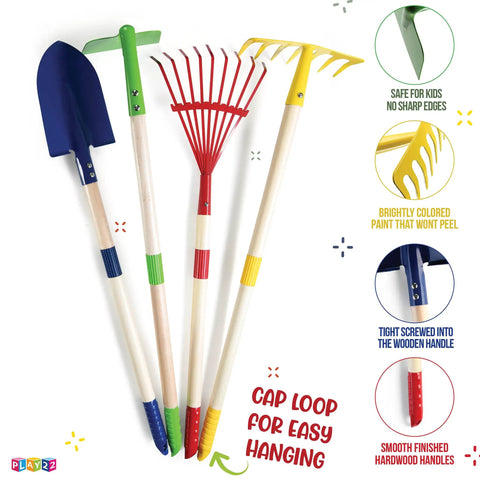 Kids Garden Tool Set 4 Piece Shovel Rake Hoe Leaf Rake Wooden Gardening Tools For Kids Durable Outdoor Toy Gift