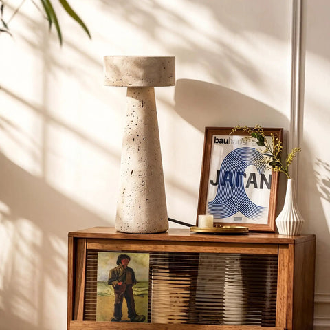 Travertine Stone Table Lamp With Warm White LED on wooden console with art, Japanese Wabi Sabi Mushroom Nightstand Light