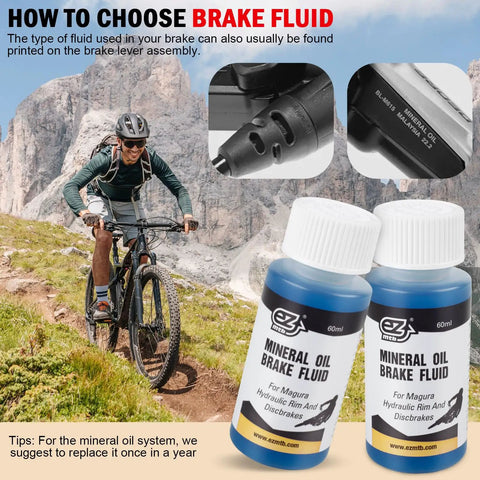 Cyclist on mountain trail with mineral oil bottles, close-up of Magura Hydraulic Brake Bleed Kit for disc brakes with mineral oil fluid.