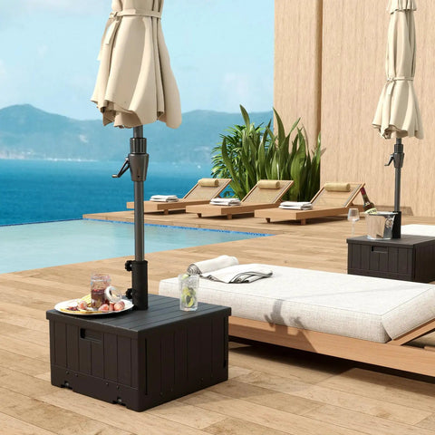 All In One Outdoor Umbrella Base With Rolling Wheels And Planter Box 176 Lb Heavy Duty Sand Fillable, used as a table by a pool