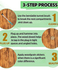 Three In One Carpenter Bee Holes Repair Kit With Small Medium And Large Wood Hole Plugs Corks Set For Fast Three Step Fix Of Carpenter Bee Damage In Wood Includes Flexible Tunnel Brush For Clean Out three-step process diagram
