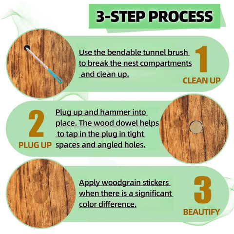 Three In One Carpenter Bee Holes Repair Kit With Small Medium And Large Wood Hole Plugs Corks Set For Fast Three Step Fix Of Carpenter Bee Damage In Wood Includes Flexible Tunnel Brush For Clean Out three-step process diagram