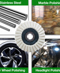 5 Pack Felt Flap Disc Abrasives For Angle Grinder Pro Grade shown with applications on stainless steel, marble, car wheel, headlight