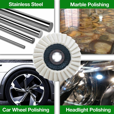5 Pack Felt Flap Disc Abrasives For Angle Grinder Pro Grade shown with applications on stainless steel, marble, car wheel, headlight