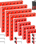 8 Pack Shop Tough Corner Clamps For Woodworking Hold Snug Snap Square Joints With Dead On 90 Degree Right Angle Alignment set with red aluminum squares and clamps.